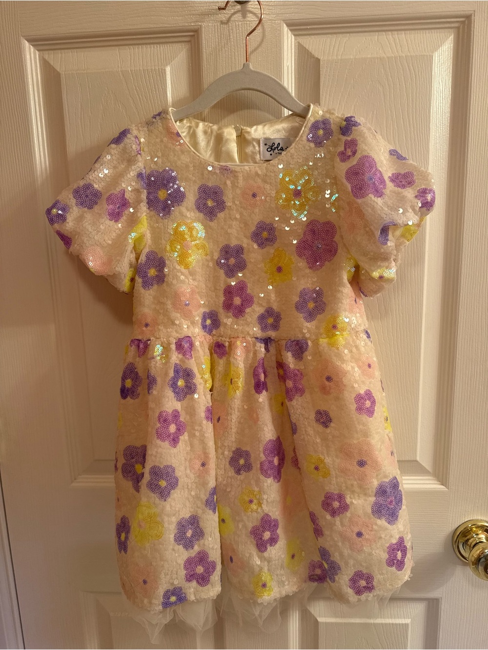 Lola and the Boys Floral Sequin Puff-Sleeve Dress in Pastel Yellow